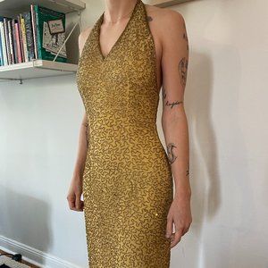 Vintage Andretta Donatello gold beaded halter gown